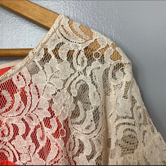 Anthropologie Maeve coral top with cream lace - Picture 3 of 7